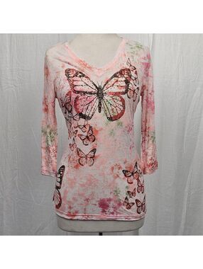 Sheer Butterfly Top, Rhinestones, cotton blend, Style & Co Small, 3/4 Sleeve